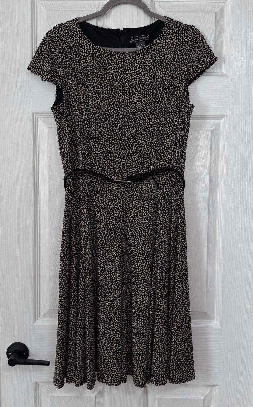 Jessica Howard Women's Black Brown Printed Cap Sleeve with Belt Dress Size 12P